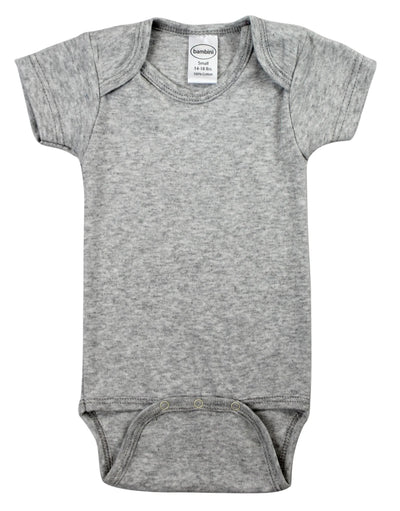 An image displaying Heather Grey Interlock Short Sleeve Bodysuit Onezies by Bambini
