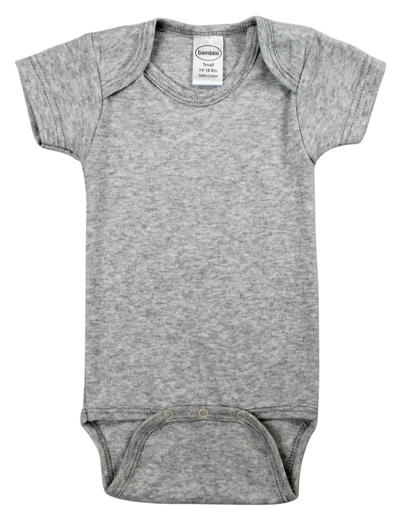 An image displaying Heather Grey Interlock Short Sleeve Bodysuit Onezies by Bambini