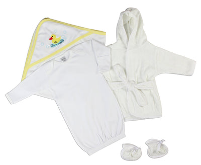 An image displaying Unisex Newborn Baby 3 Piece Set (gown, Robe, Hooded Towel) by Bambini