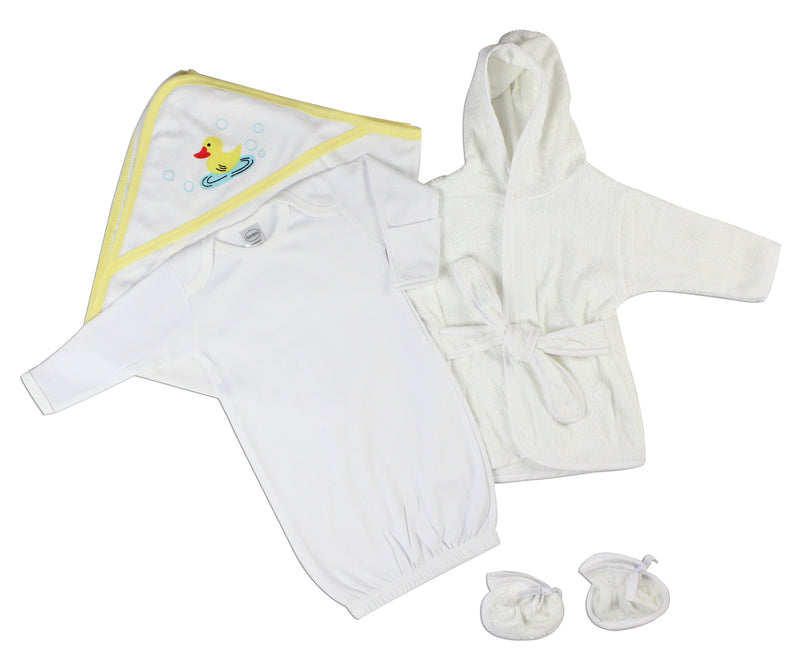 An image displaying Unisex Newborn Baby 3 Piece Set (gown, Robe, Hooded Towel) by Bambini