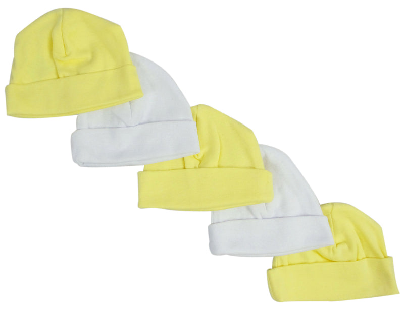 An image displaying Yellow & White Baby Caps (pack Of 5) by Bambini
