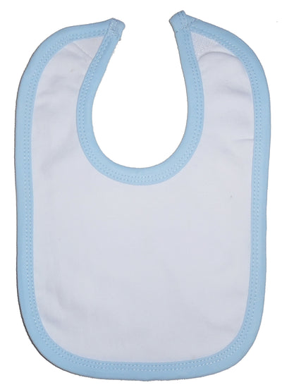 An image displaying White Interlock Bib Blue Binding by Bambini