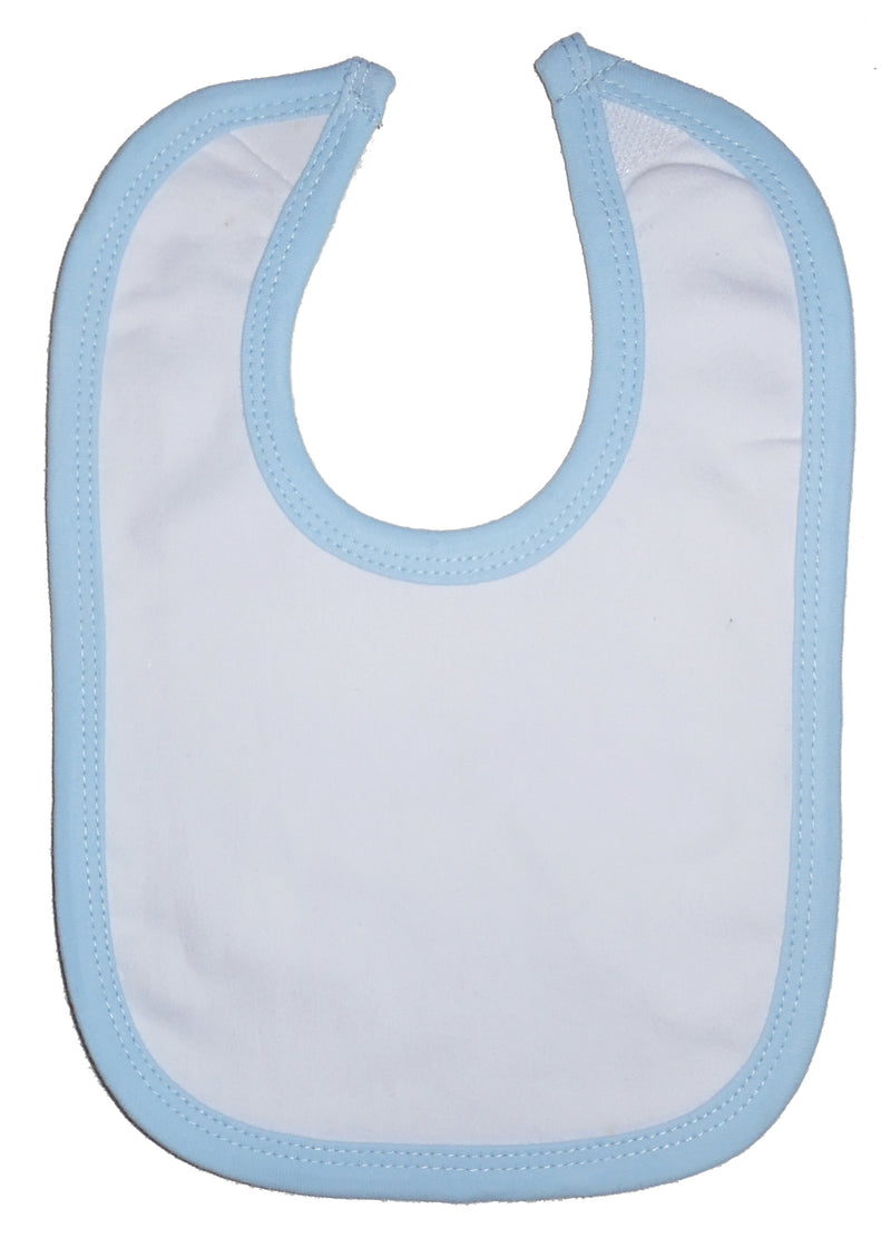 An image displaying White Interlock Bib Blue Binding by Bambini
