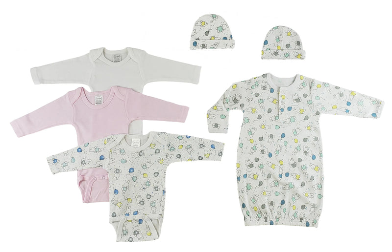 An image displaying Gown, Onezies And Caps - 6 Piece Set by Bambini
