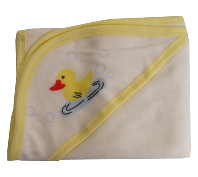An image displaying Hooded Towel With Yellow Binding And Screen Prints by Bambini