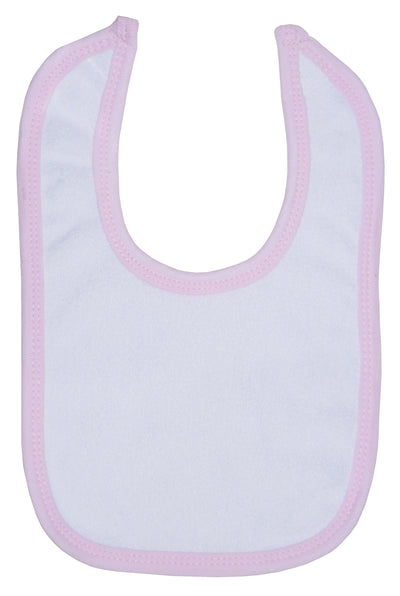 An image displaying White Terry Bib With Pink Trim by Bambini