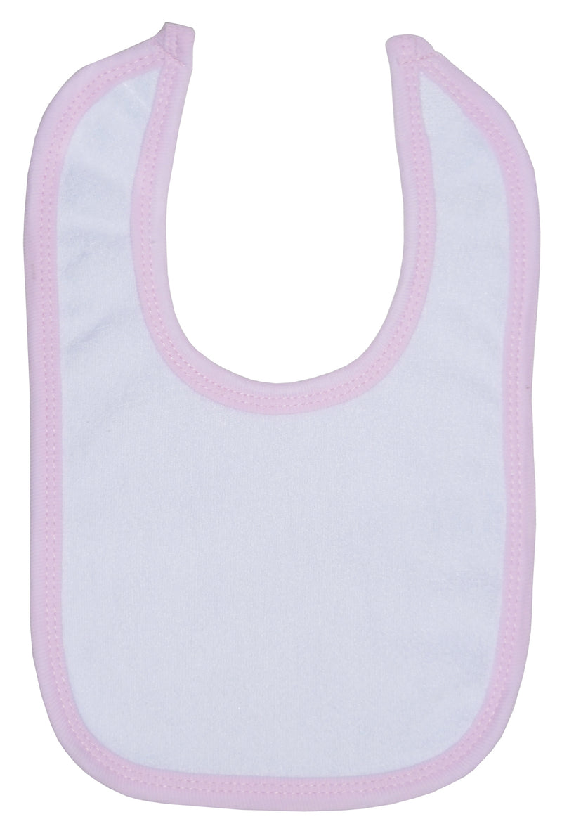 An image displaying White Terry Bib With Pink Trim by Bambini