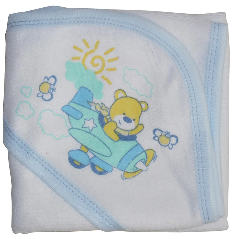 An image displaying Hooded Towel With Blue Binding And Screen Prints by Bambini