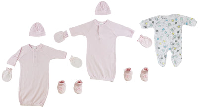 An image displaying Preemie Girls Gowns, Sleep-n-play, Caps, Mittens And Booties - 8 Piece Set by Bambini