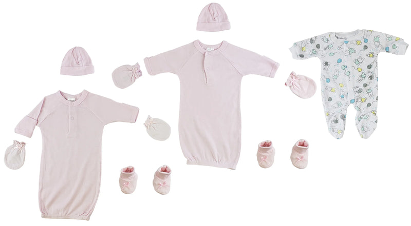 An image displaying Preemie Girls Gowns, Sleep-n-play, Caps, Mittens And Booties - 8 Piece Set by Bambini