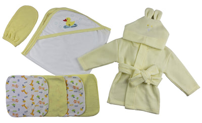 An image displaying Yellow Infant Robe, Yellow Hooded Towel, Washcloths And Hand Washcloth Mitt - 7 Piece Set by Bambini