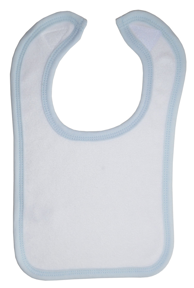 An image displaying White Terry Bib With Blue Trim by Bambini
