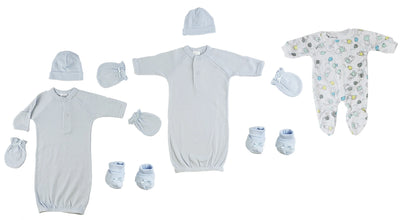 An image displaying Preemie Boys Gowns, Sleep-n-play, Caps, Mittens And Booties - 8 Piece Set by Bambini