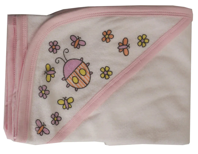An image displaying Hooded Towel With Pink Binding And Screen Prints by Bambini