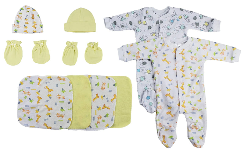 An image displaying Sleep-n-plays, Caps, Mittens And Washcloths - 9 Piece Set by Bambini
