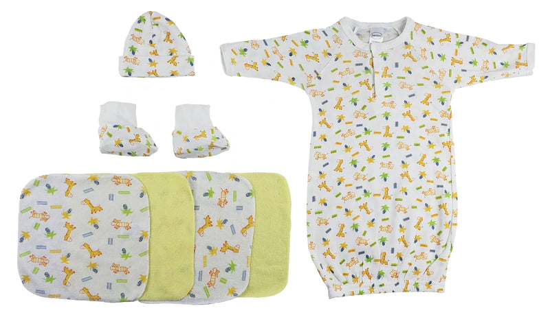 An image displaying Gown, Cap Booties And Washcloths - 7 Piece Set by Bambini