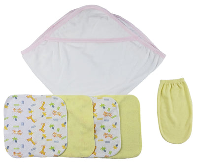 An image displaying Pink Hooded Towel, Washcloths And Hand Washcloth Mitt - 6 Piece Set by Bambini