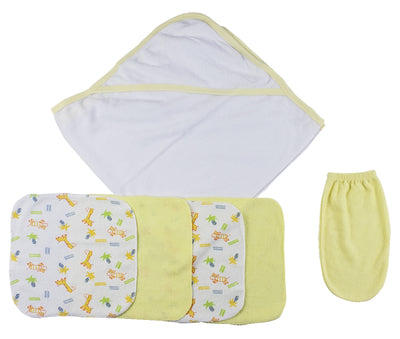 An image displaying Yellow Hooded Towel, Washcloths And Hand Washcloth Mitt - 6 Piece Set by Bambini