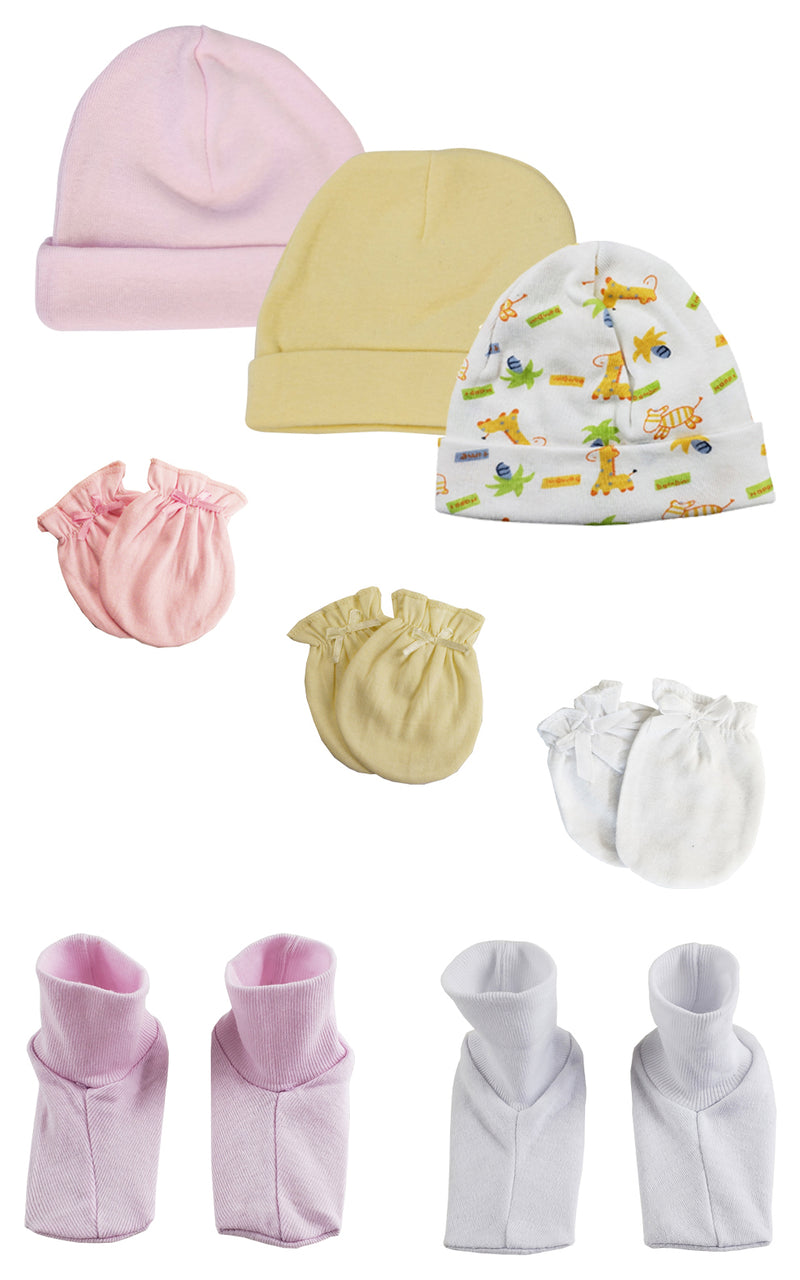 An image displaying Baby Girl Infant Caps, Booties And Mittens (pack Of 8) by Bambini