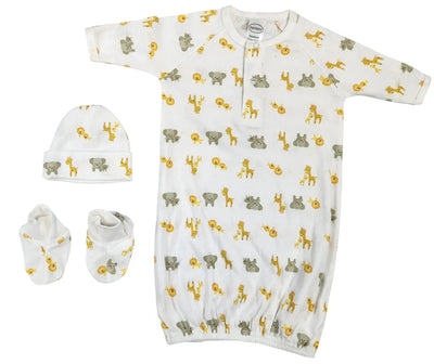 An image displaying Newborn Baby Boy, Baby Girl, Unisex Infant Gown, Caps, Booties - 3 Piece Set by Bambini