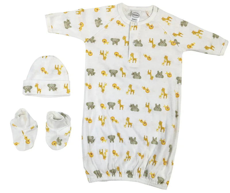 An image displaying Newborn Baby Boy, Baby Girl, Unisex Infant Gown, Caps, Booties - 3 Piece Set by Bambini