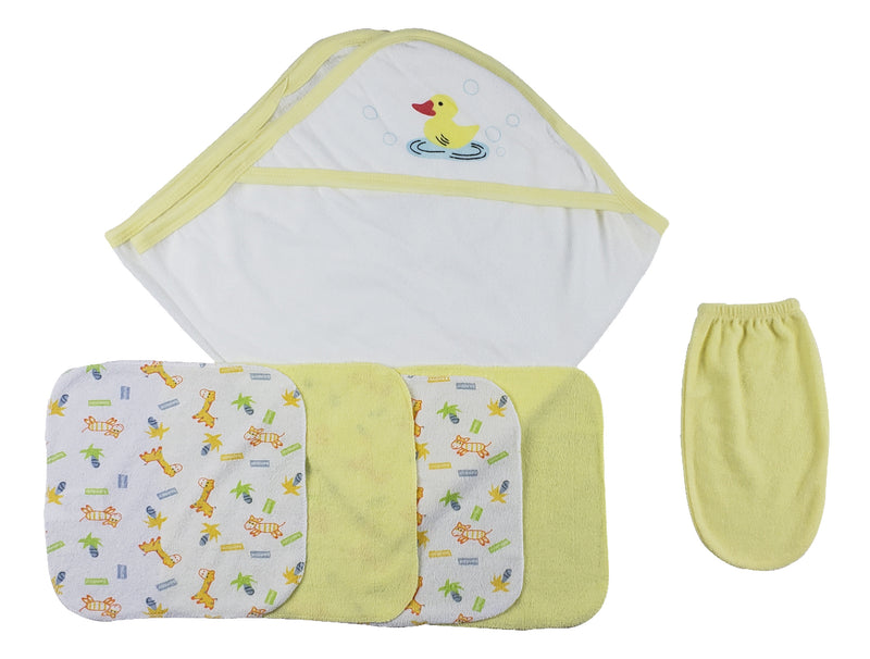 An image displaying Yellow Hooded Towel, Washcloths And Hand Washcloth Mitt - 6 Piece Set by Bambini