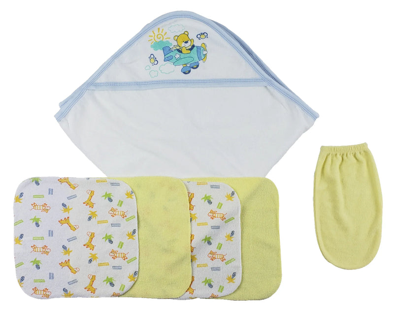An image displaying Blue Hooded Towel, Washcloths And Hand Washcloth Mitt - 6 Piece Set by Bambini