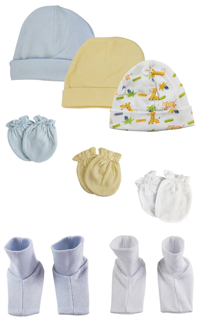 An image displaying Baby Boy Infant Caps, Booties And Mittens (pack Of 8) by Bambini