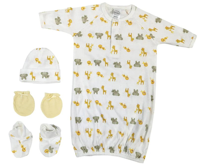 An image displaying Newborn Baby Boy, Girl, Unisex Infant Gown, Caps, Booties, Mittens - 4 Pc by Bambini