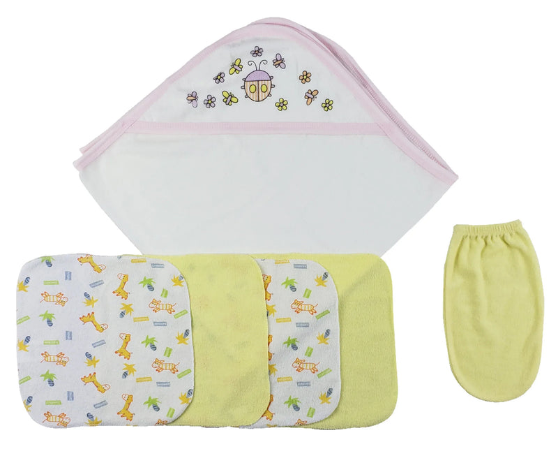 An image displaying Pink Hooded Towel, Washcloths And Hand Washcloth Mitt - 6 Piece Set by Bambini