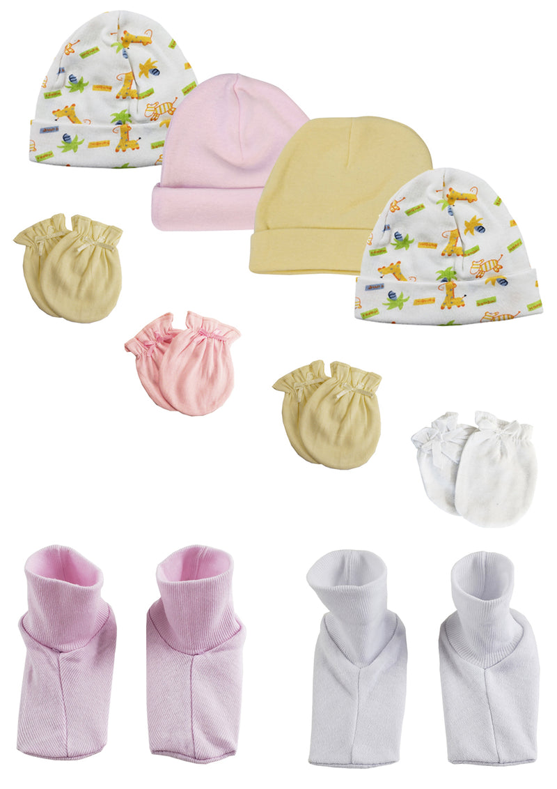 An image displaying Baby Girl Infant Caps, Booties And Mittens (pack Of 10) by Bambini