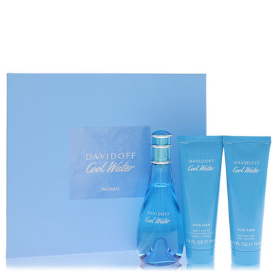 An image displaying Cool Water by Davidoff Gift Set -- 3.4 oz Eau De Toilette Spray + 2.5 oz Body Lotion + 2.5 oz Shower Gel for Women by Davidoff