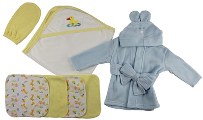 An image displaying Blue Infant Robe, Yellow Hooded Towel, Washcloths And Hand Washcloth Mitt - 7 Piece Set by Bambini