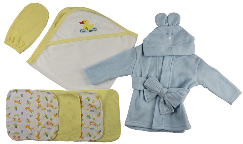 An image displaying Blue Infant Robe, Yellow Hooded Towel, Washcloths And Hand Washcloth Mitt - 7 Piece Set by Bambini