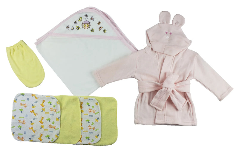 An image displaying Pink Infant Robe, Hooded Towel, Washcloths And Hand Washcloth Mitt - 7 Piece Set by Bambini