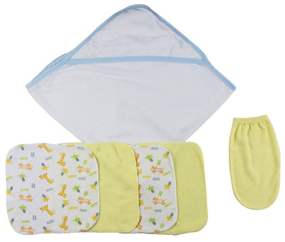 An image displaying Blue Hooded Towel, Washcloths And Hand Washcloth Mitt - 6 Piece Set by Bambini