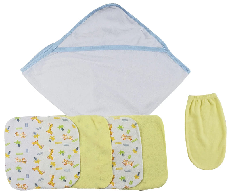 An image displaying Blue Hooded Towel, Washcloths And Hand Washcloth Mitt - 6 Piece Set by Bambini