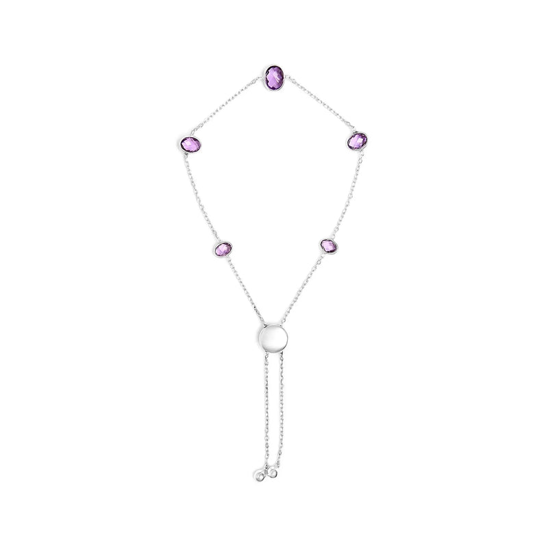 An image displaying .925 Sterling Silver Bezel Set Purple Amethyst 5 Station Adjustable Bolo Bracelet by Infinite Jewels