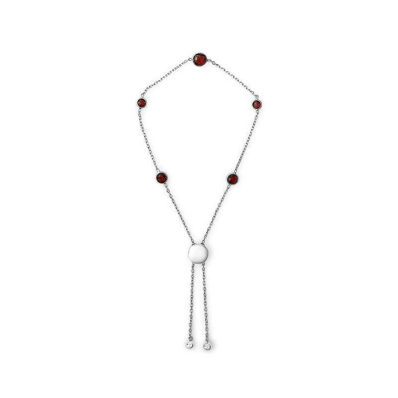 An image displaying .925 Sterling Silver Bezel Set Red Garnet 5 Station Adjustable Bolo Bracelet by Infinite Jewels