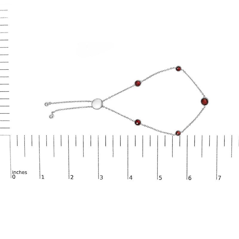 An image displaying .925 Sterling Silver Bezel Set Red Garnet 5 Station Adjustable Bolo Bracelet by Infinite Jewels