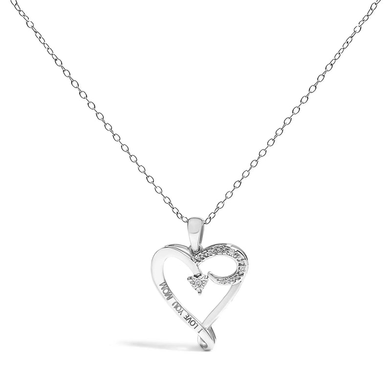 An image displaying .925 Sterling Silver Diamond Accent "I LOVE YOU MOM" Heart Pendant Necklace (J-K Color, I2-I3 Clarity) - 18" Inches by Infinite Jewels