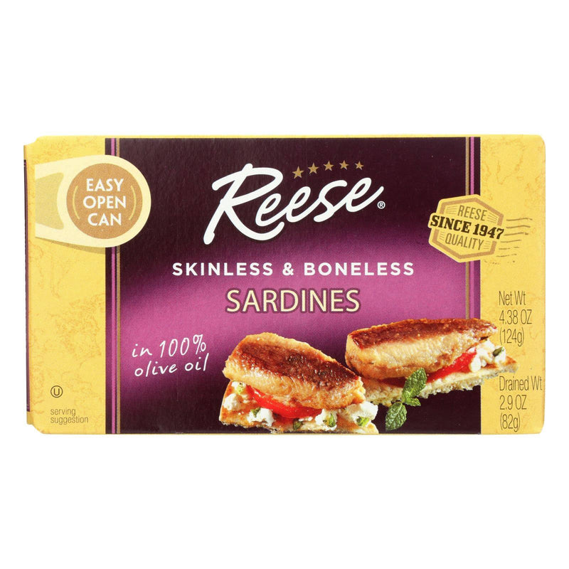 An image displaying Reese Sardines - Skinless Boneless In Olive Oil - Case Of 10 - 4.37 Ounce by Reese