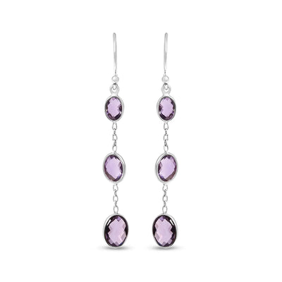 An image displaying .925 Sterling Silver Checkerboard Cut Oval Purple Amethyst 2" Inch Drop and Dangle Earrings by Infinite Jewels