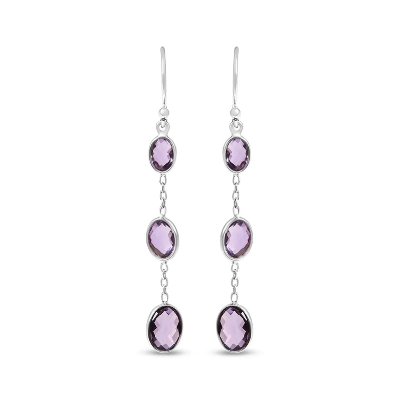 An image displaying .925 Sterling Silver Checkerboard Cut Oval Purple Amethyst 2" Inch Drop and Dangle Earrings by Infinite Jewels