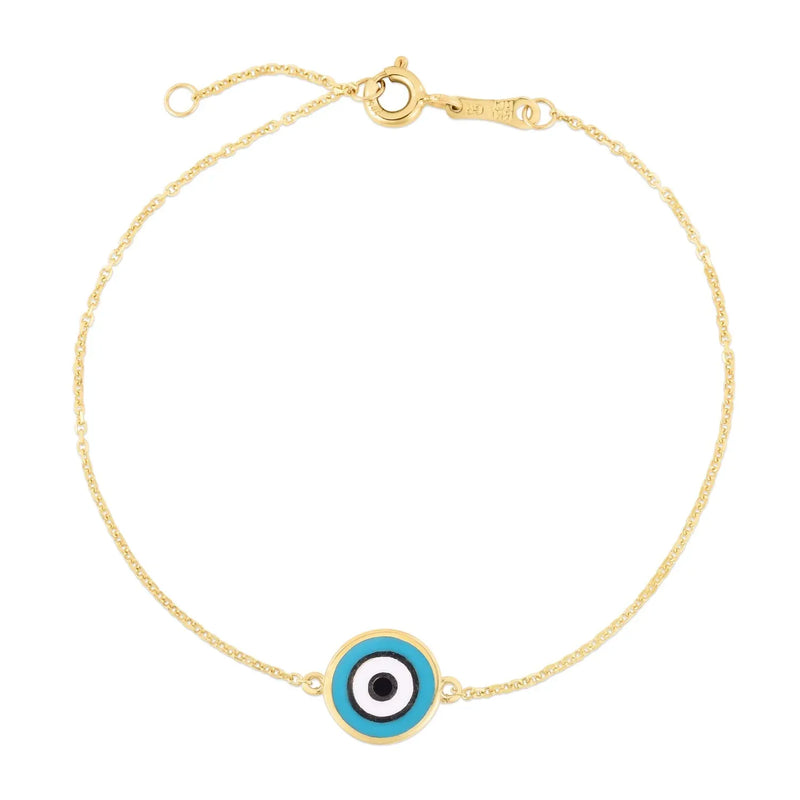 An image displaying 14k Yellow Gold Blue Evil Eye Bracelet by Orca Market
