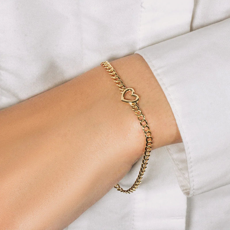 An image displaying 14k Yellow Gold 7 inch Curb Chain Bracelet with Heart by Orca Market