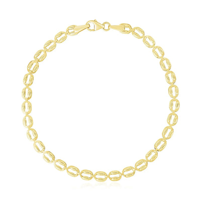 An image displaying 14k Yellow Gold High Polish Textured Puffed Oval Link Bracelet (3.8mm) by Orca Market