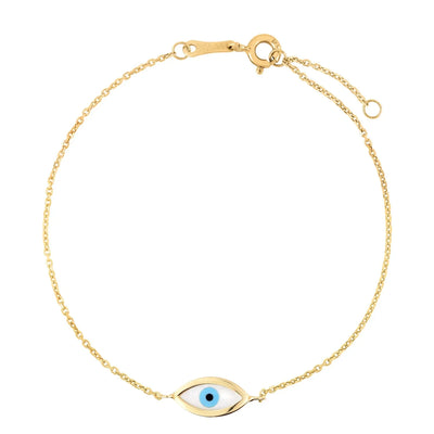 An image displaying 14k Yellow Gold MOP Evil Eye Bracelet by Orca Market