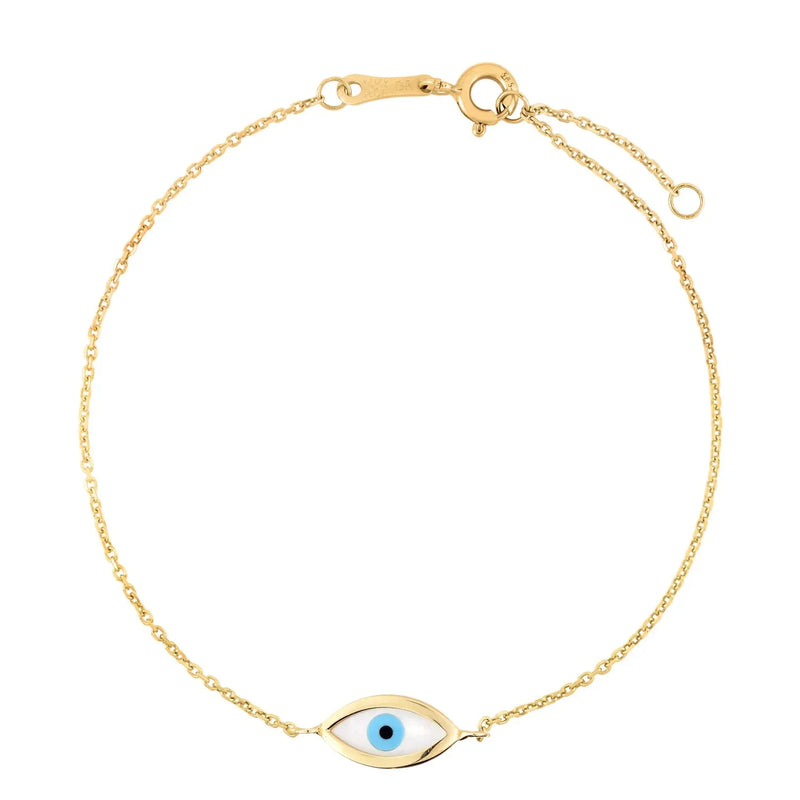 An image displaying 14k Yellow Gold MOP Evil Eye Bracelet by Orca Market