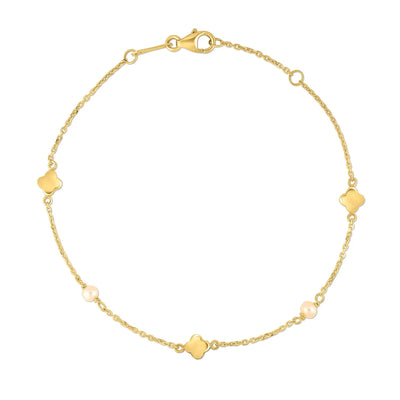 An image displaying 14k Yellow Gold Pearl Clover Bracelet by Orca Market